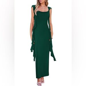 Green Sleeveless Sheath Ruffle Maxi Dress for Cocktail